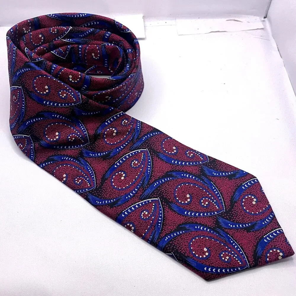 Oscar de la Renta Couture Silk Tie Paisley Pattern Burgundy Blue